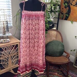 M.A.B.E Pink Floral Button Down Shoulder Tie Boho Hippie Midi Dress